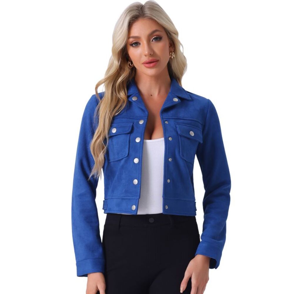Faux Suede Jacket Button Down Collar Pockets Crop Moto Biker Coat Royal Blue